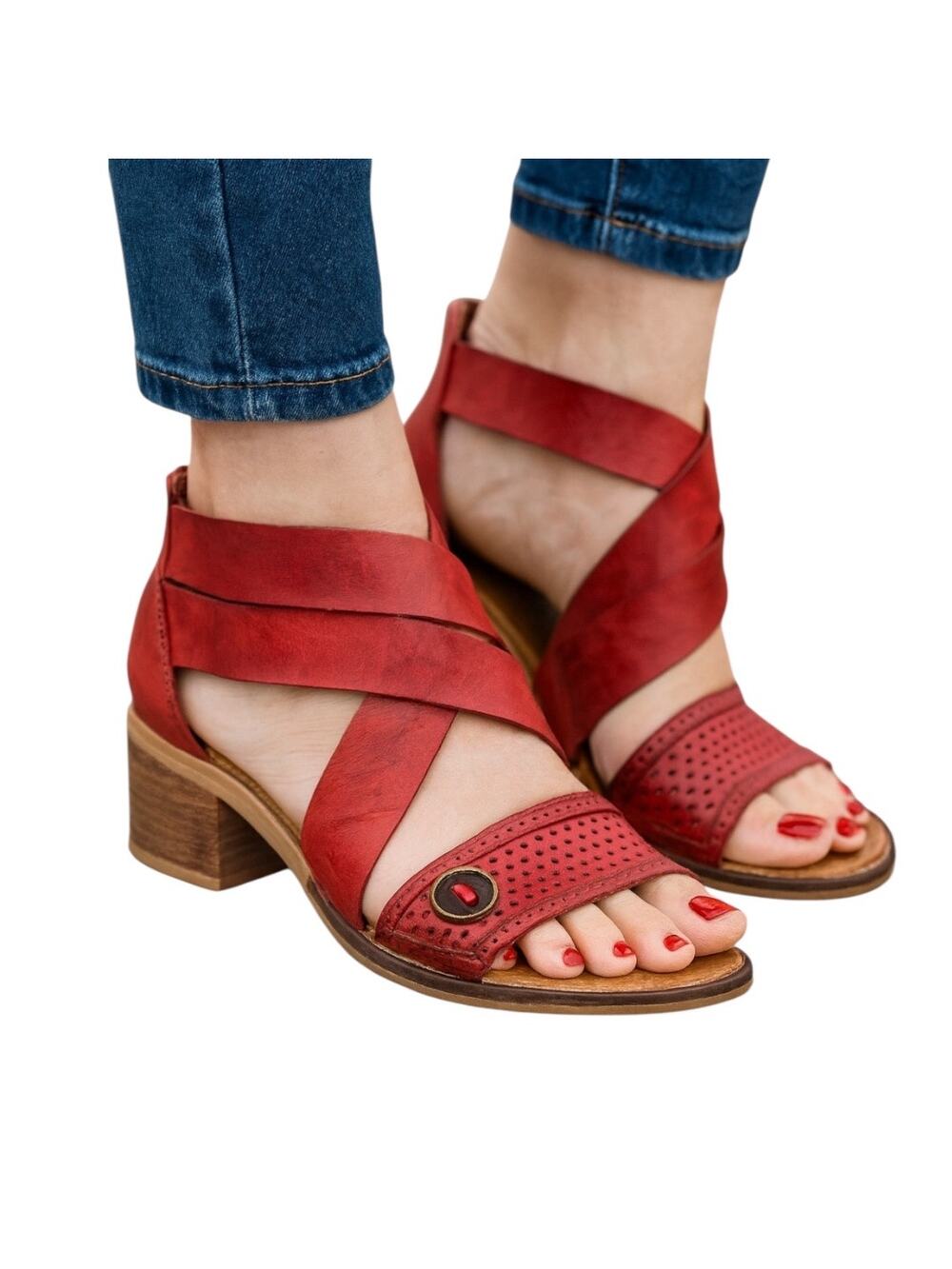 Casta Strappy Block Heel Red Sandal Size EU 40/ US 9 Portugal